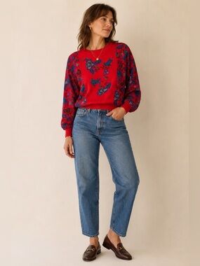 Vintage Philippe Marques Red Floral Knit Sweatshirt USA Size 12 80s Statement To